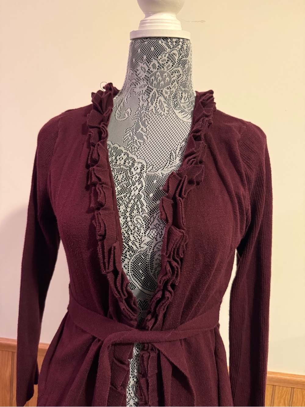 The Limited Ruffled Open-Front Belted Cardigan - Deep Wine